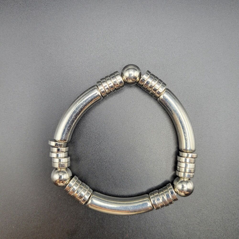 7" Chunky Curved Tube Stretch Unisex Silver Stainless Magnetic Therapy Bracelet